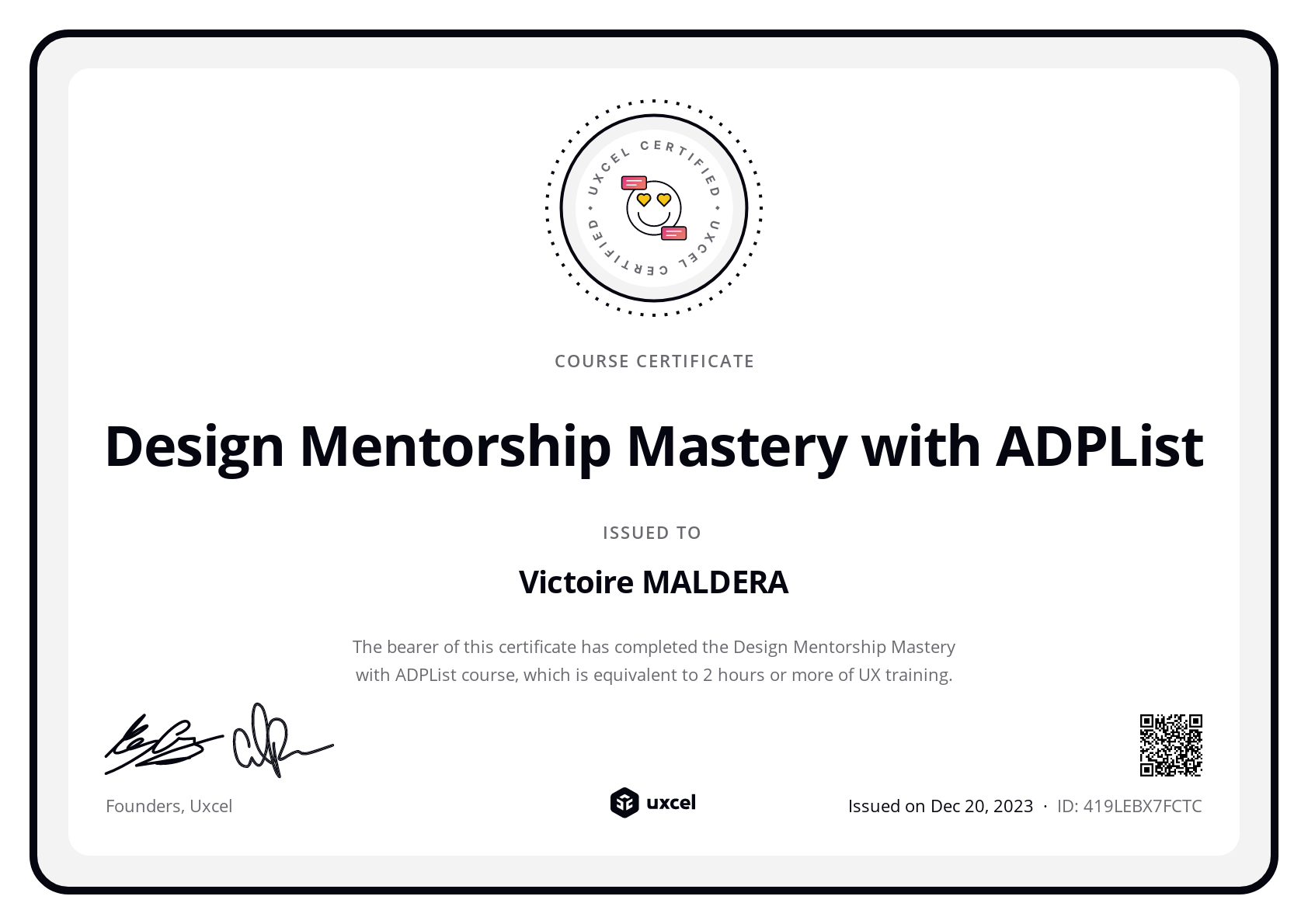 Victoire MALDERA's certificate